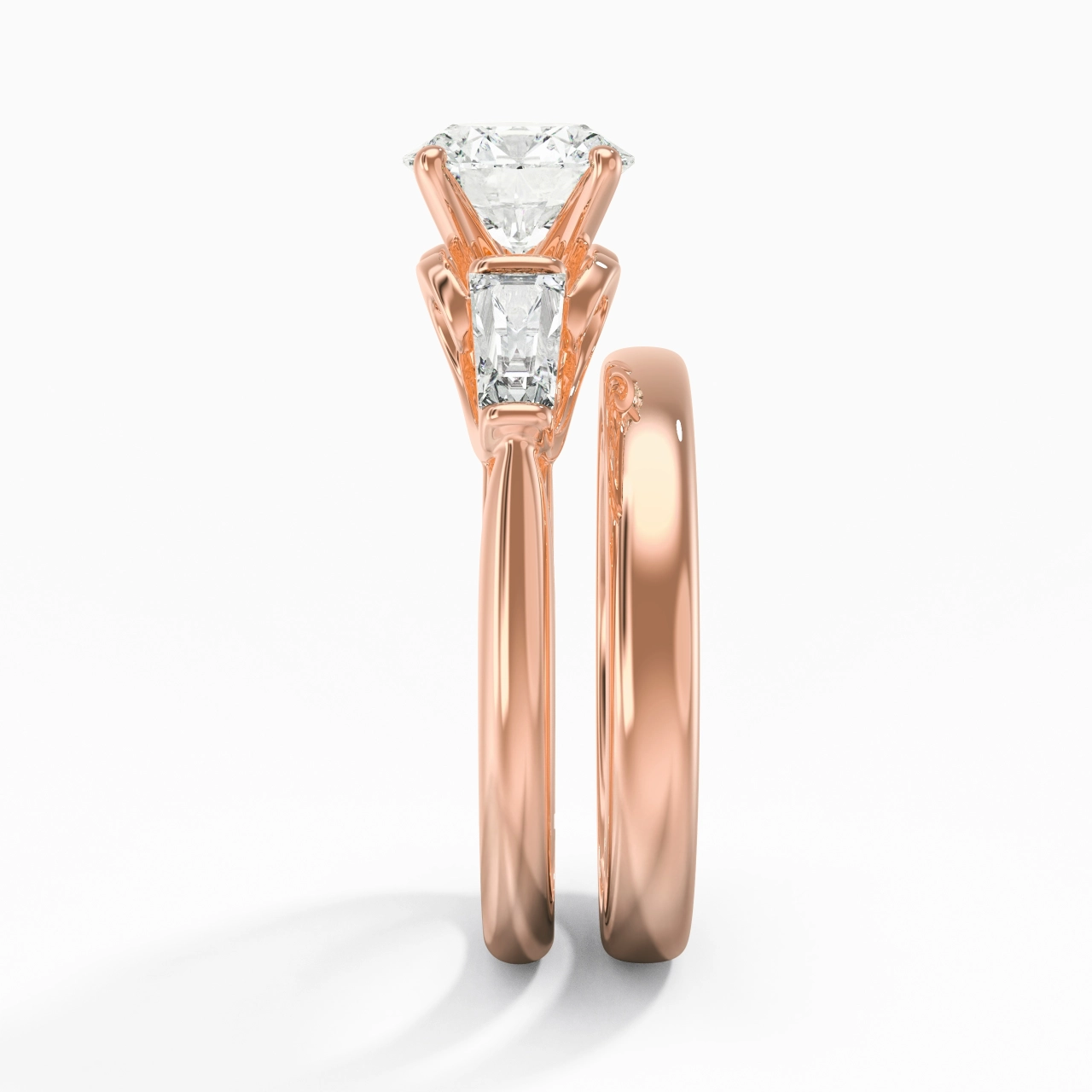18K Rose Gold Three Stone Cathedral Baguette Traditional Shank Wedding Ring Set