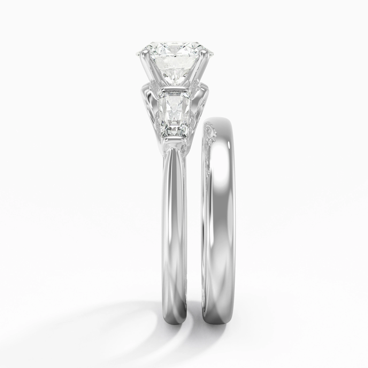 14K White Gold Three Stone Cathedral Baguette Traditional Shank Wedding Ring Set