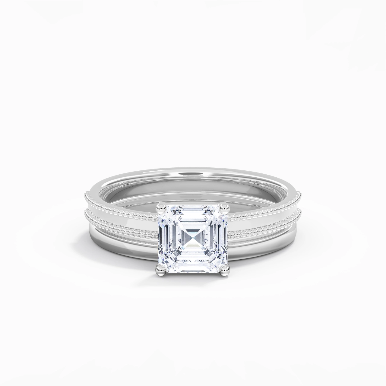 Plated Wide Beaded Wedding Ring Set