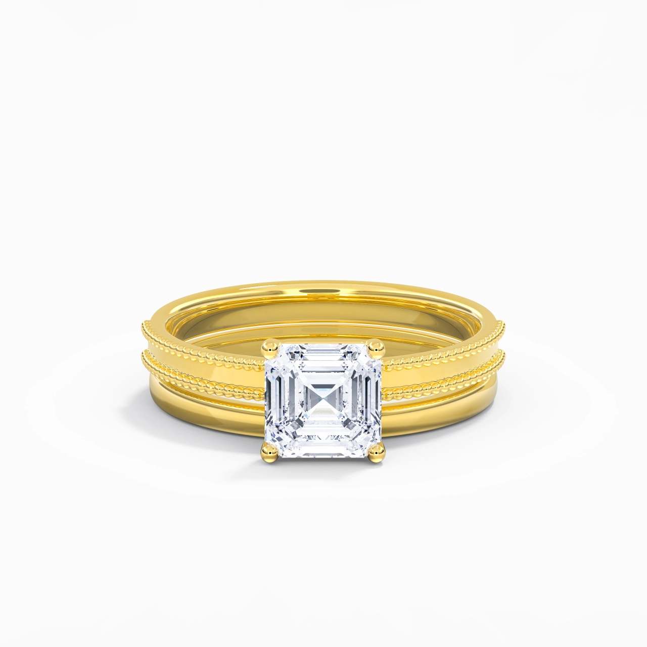 Plated Wide Beaded Wedding Ring Set