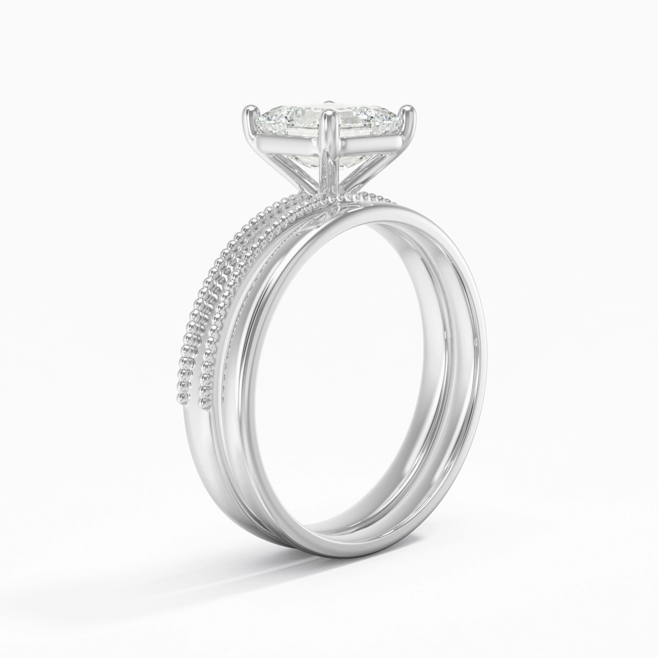 Plated Wide Beaded Wedding Ring Set