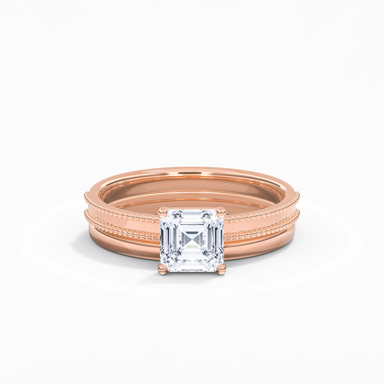 Plated Wide Beaded Wedding Ring Set