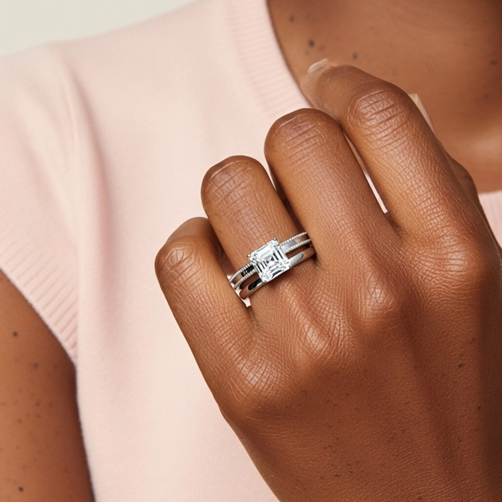 Plated Wide Beaded Wedding Ring Set