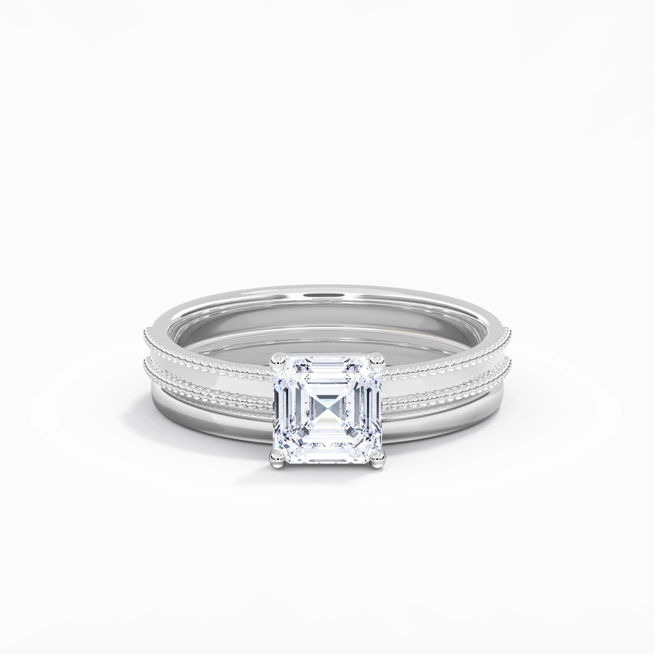Plated Wide Beaded Wedding Ring Set