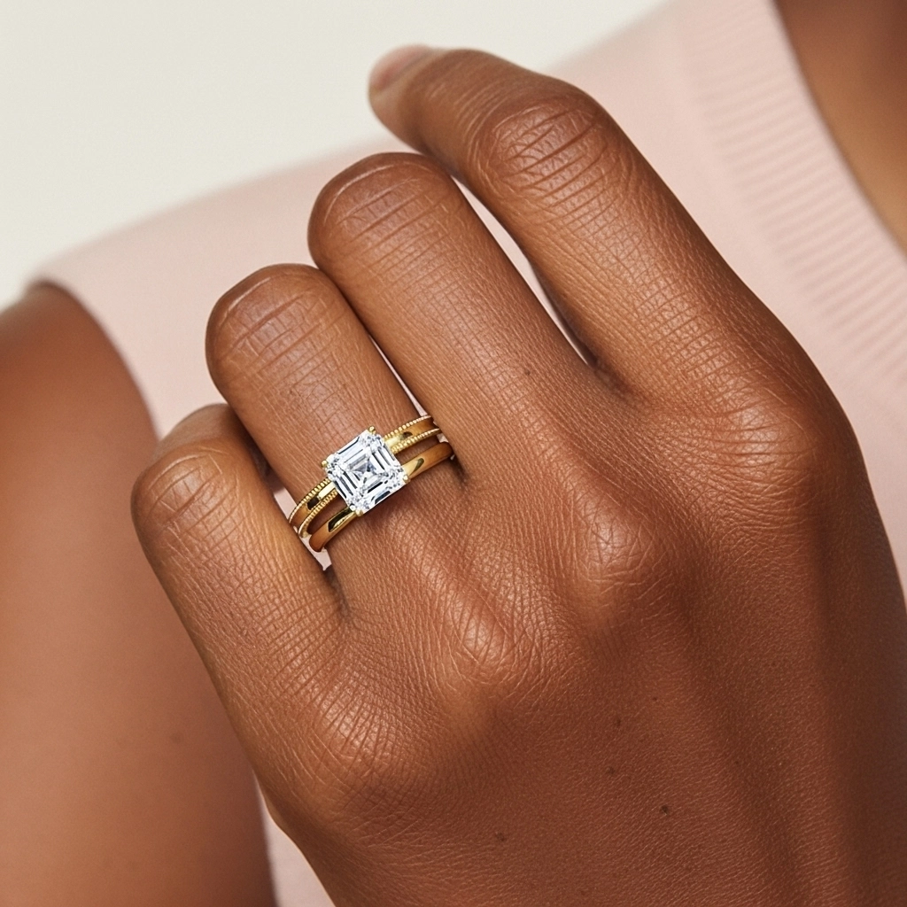 Plated Wide Beaded Wedding Ring Set