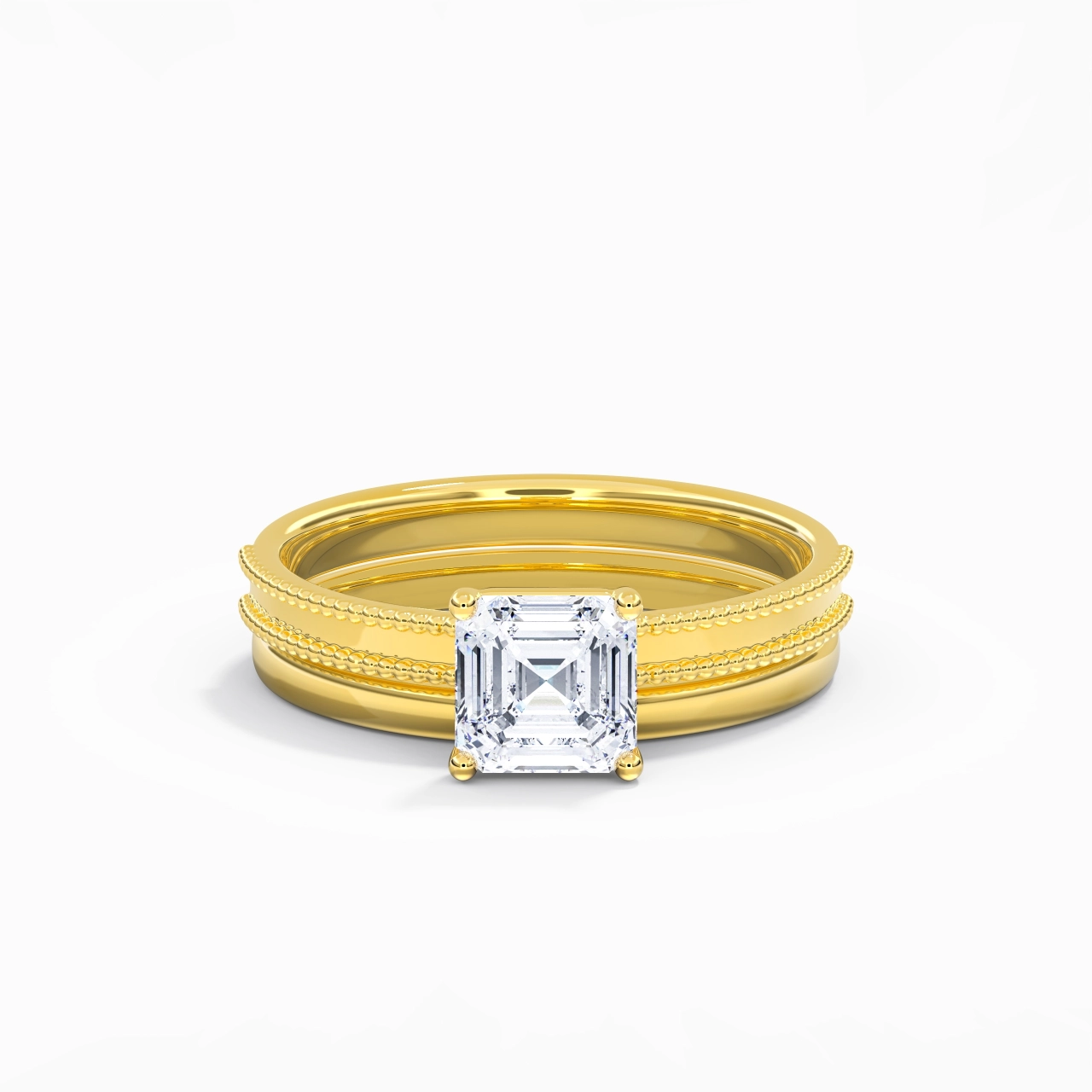 Plated Wide Beaded Wedding Ring Set
