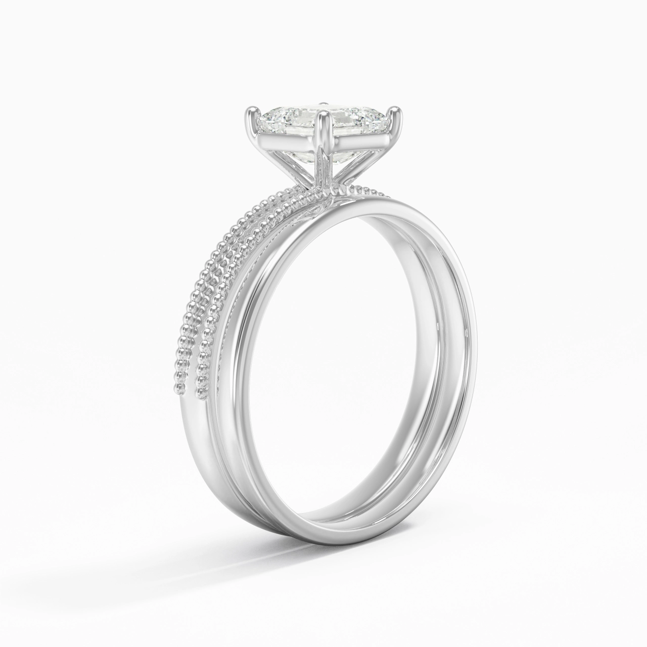 Plated Wide Beaded Wedding Ring Set