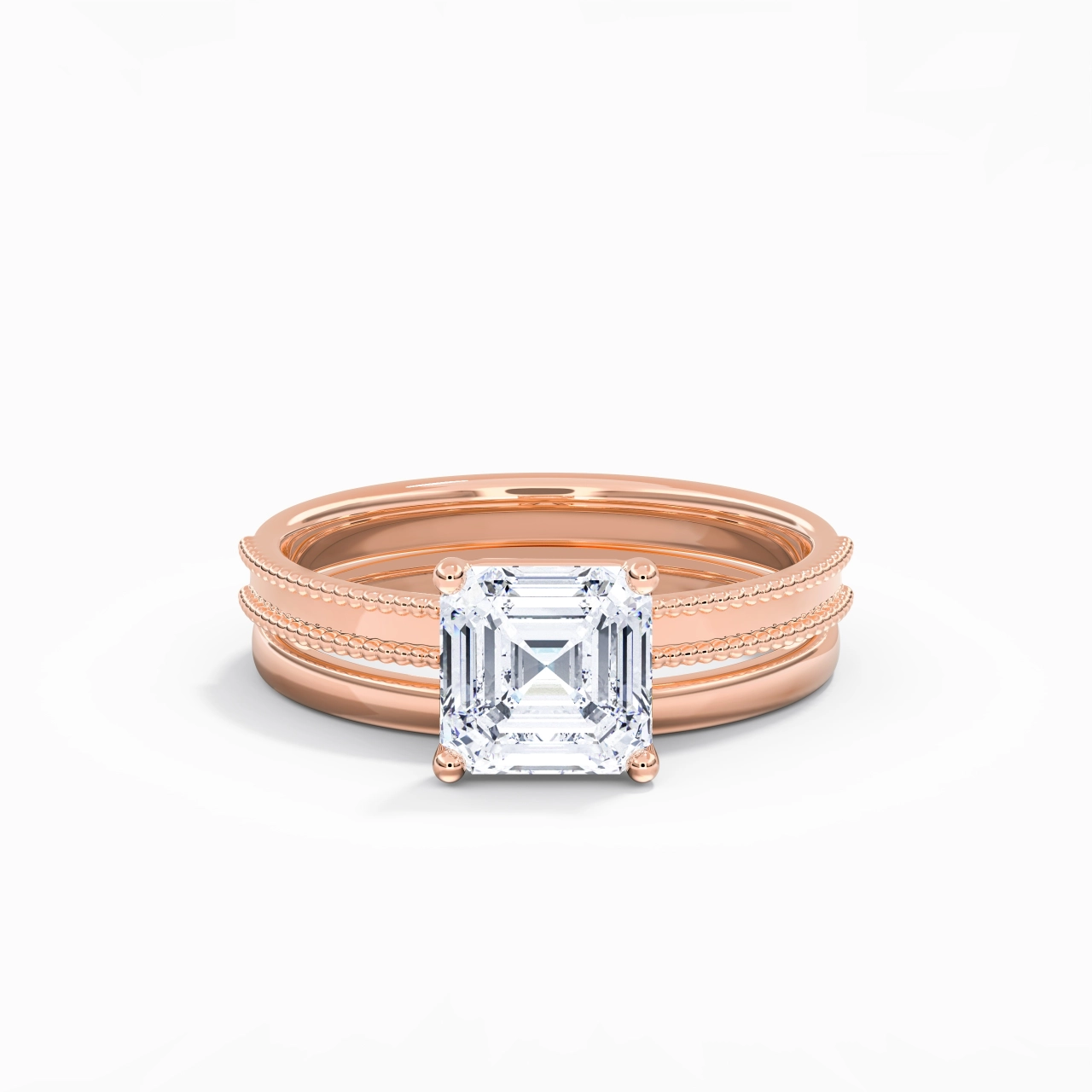 Plated Wide Beaded Wedding Ring Set