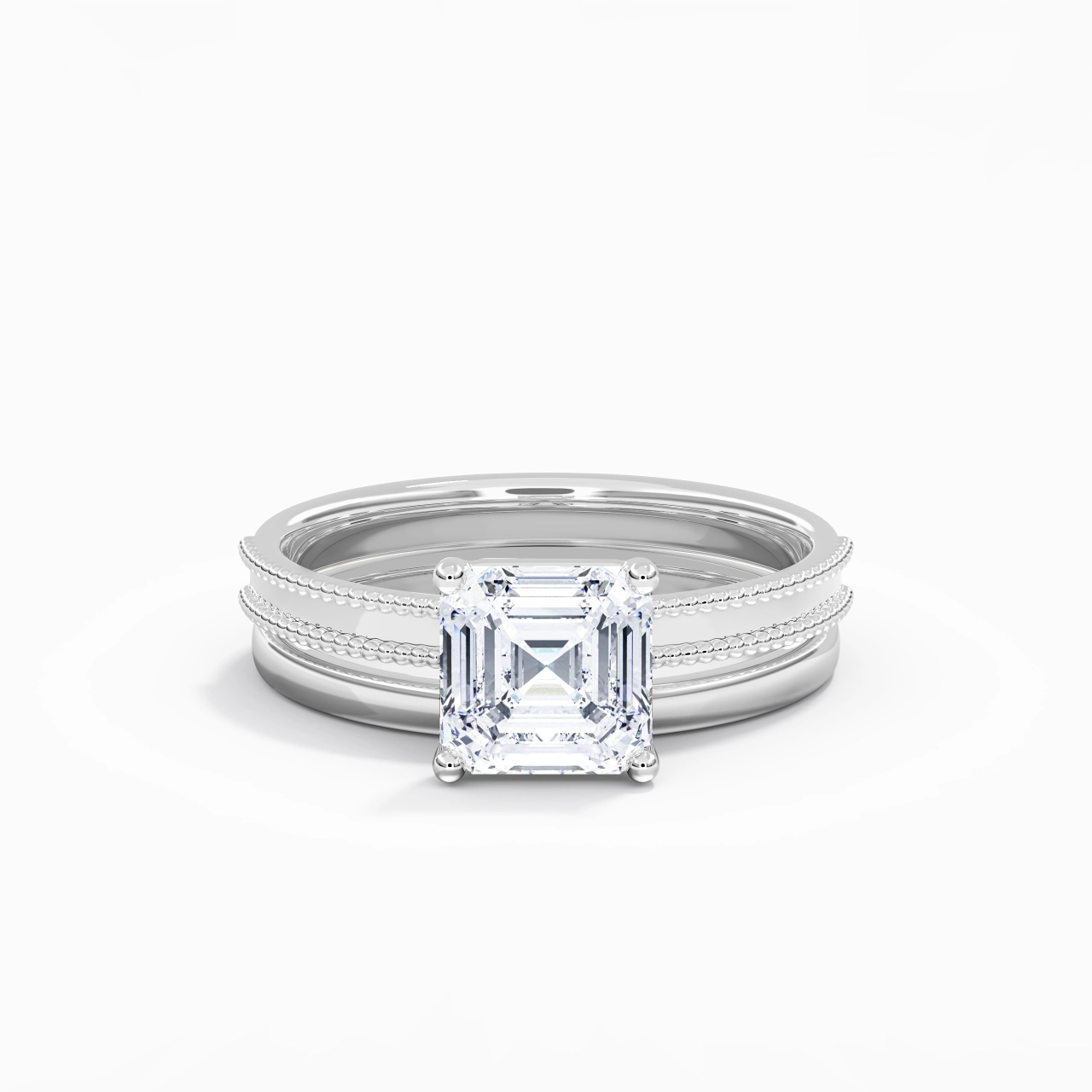 Plated Wide Beaded Wedding Ring Set