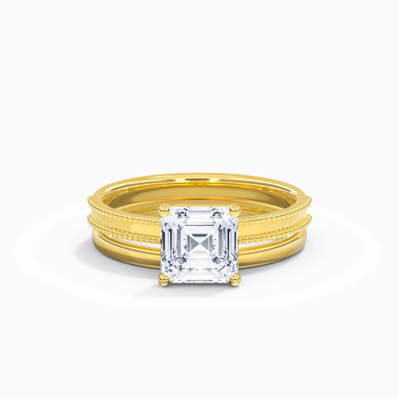 Plated Wide Beaded Wedding Ring Set