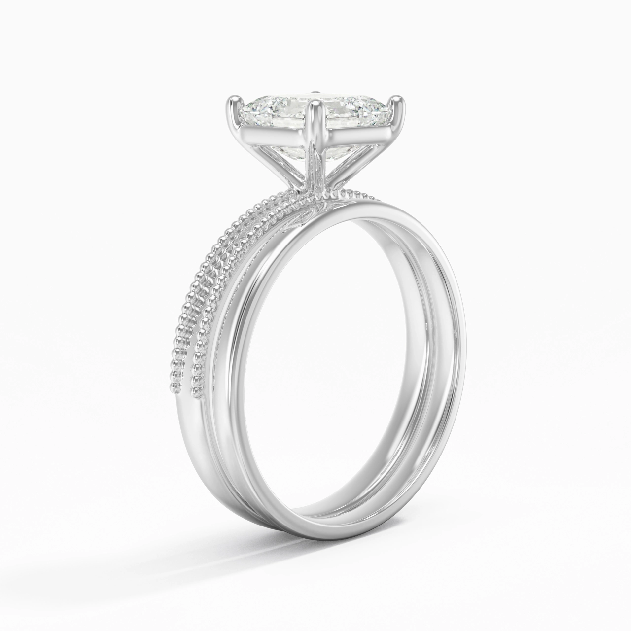 Plated Wide Beaded Wedding Ring Set