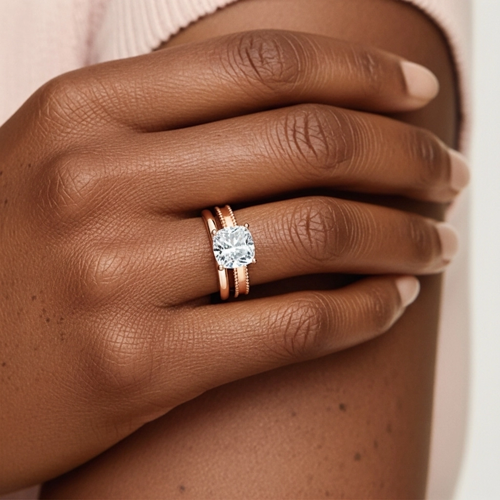 Plated Wide Beaded Wedding Ring Set