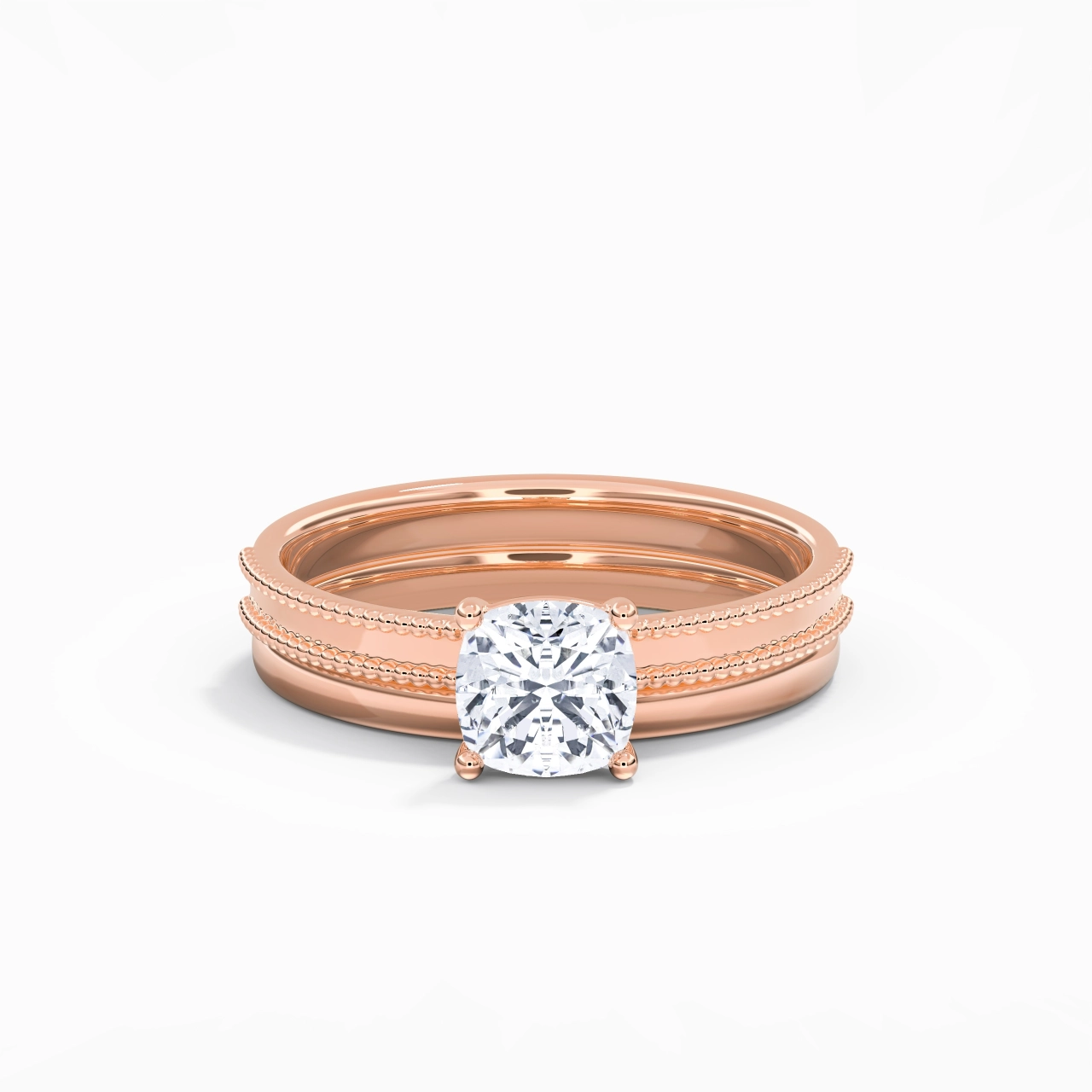 Plated Wide Beaded Wedding Ring Set
