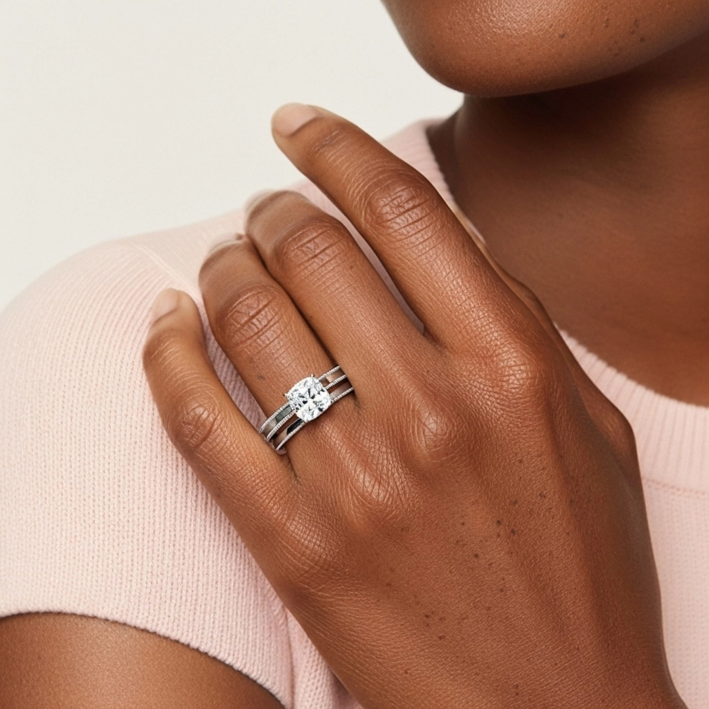 Plated Wide Beaded Wedding Ring Set