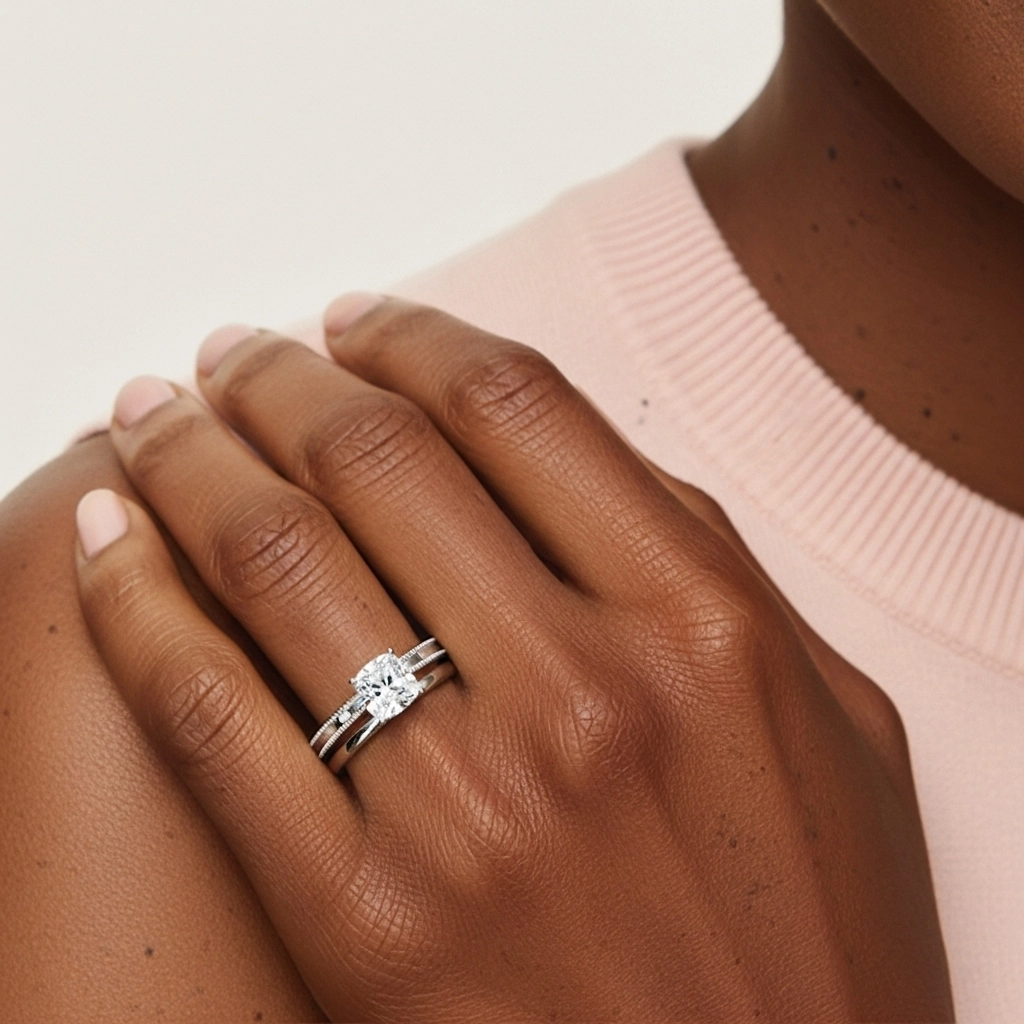 Plated Wide Beaded Wedding Ring Set