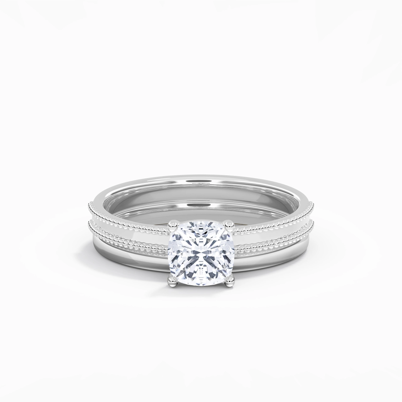 Plated Wide Beaded Wedding Ring Set
