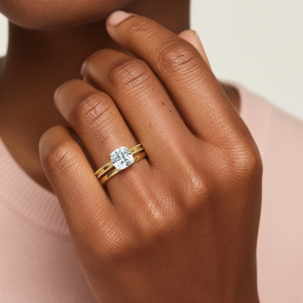 Plated Wide Beaded Wedding Ring Set