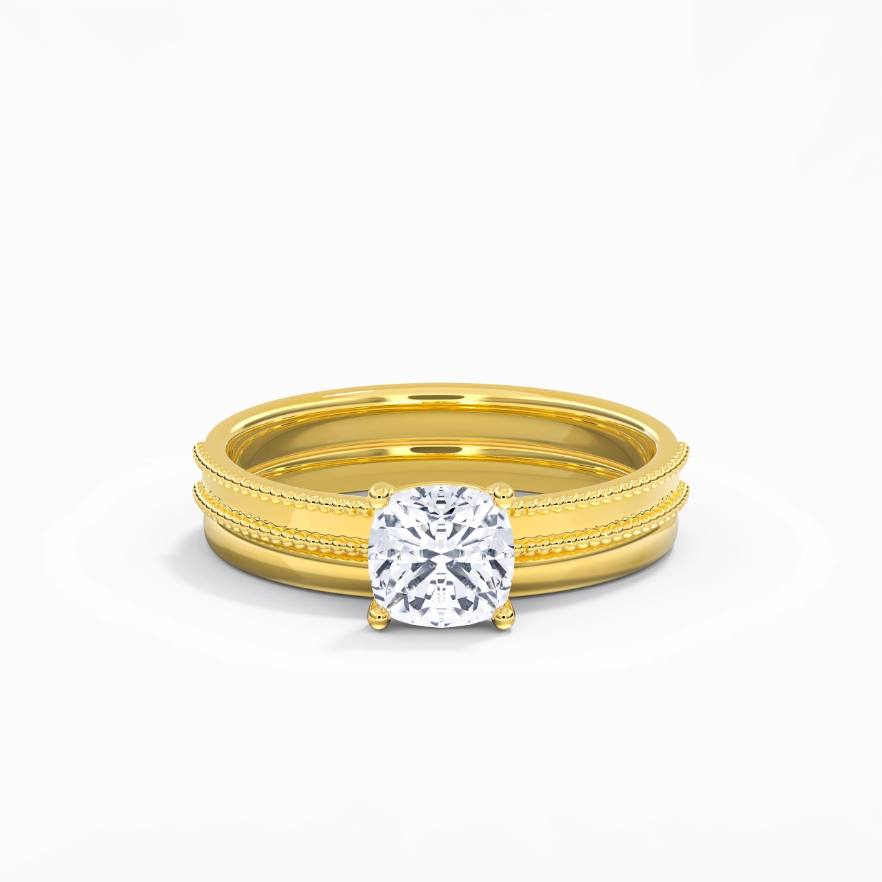 Plated Wide Beaded Wedding Ring Set