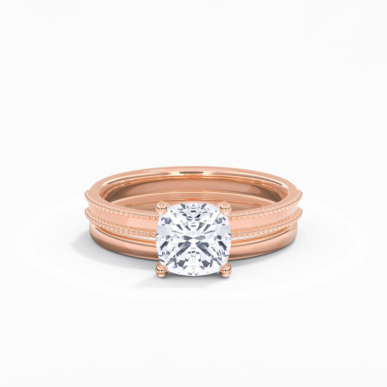 Plated Wide Beaded Wedding Ring Set
