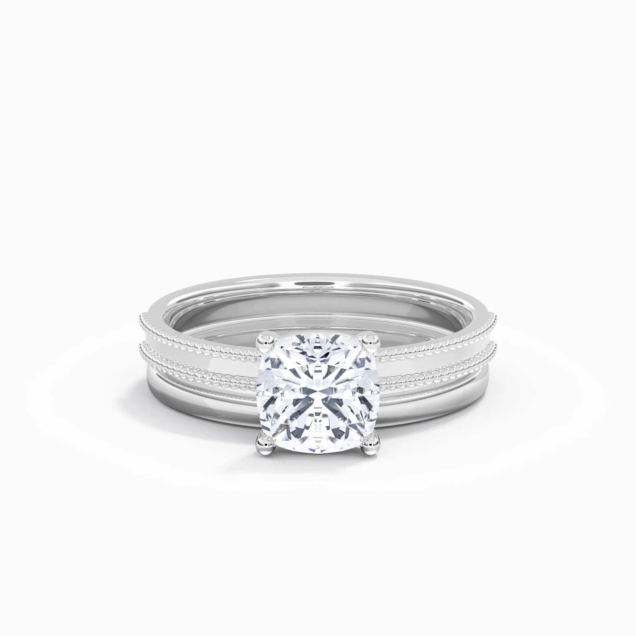 Plated Wide Beaded Wedding Ring Set