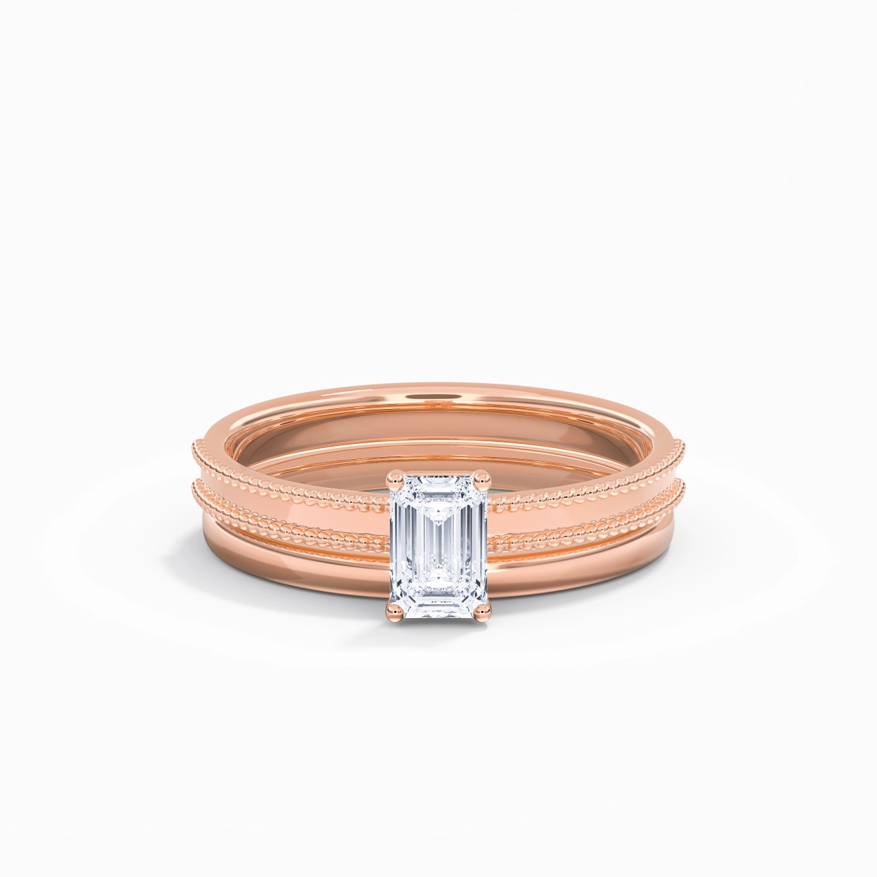 Plated Wide Beaded Wedding Ring Set