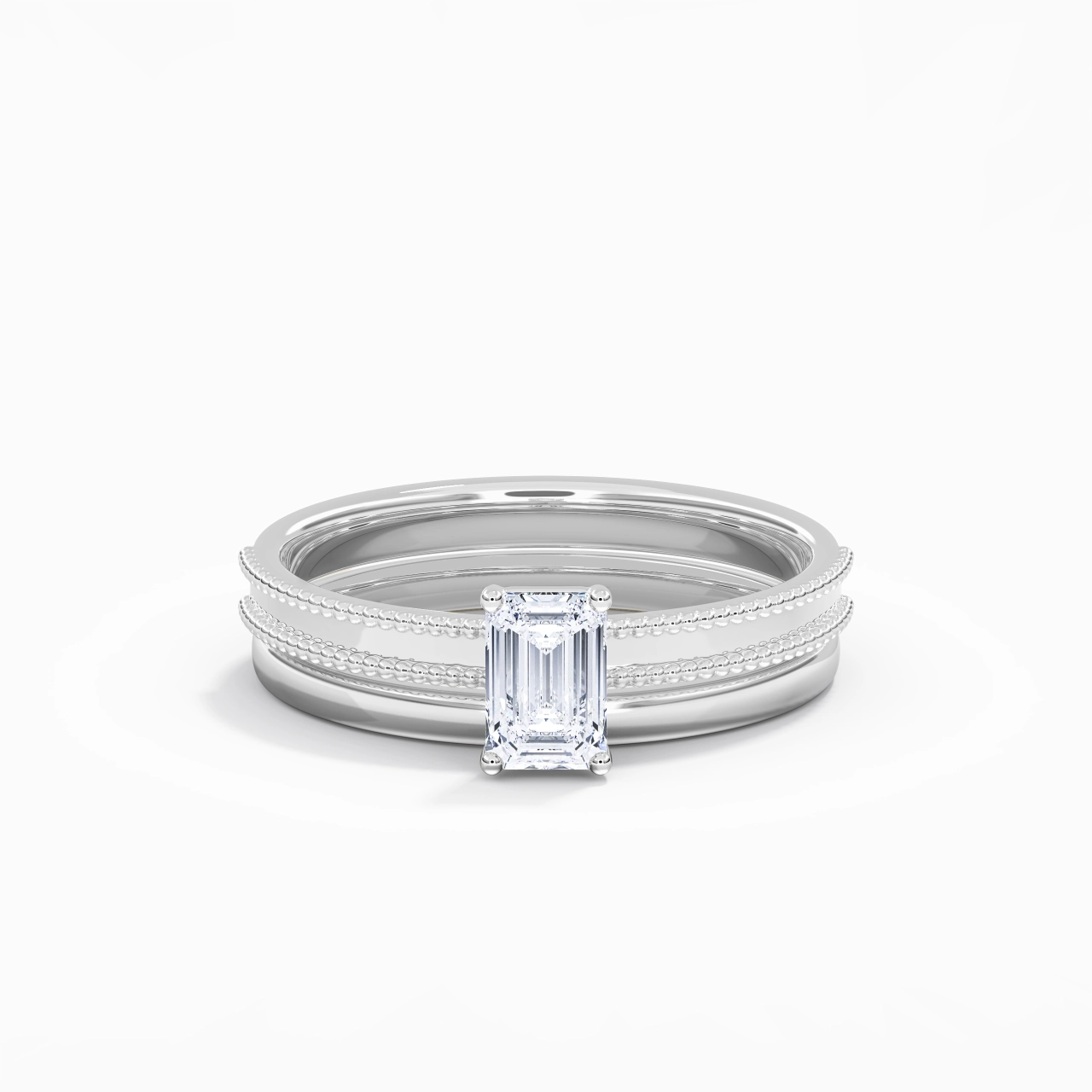 Plated Wide Beaded Wedding Ring Set
