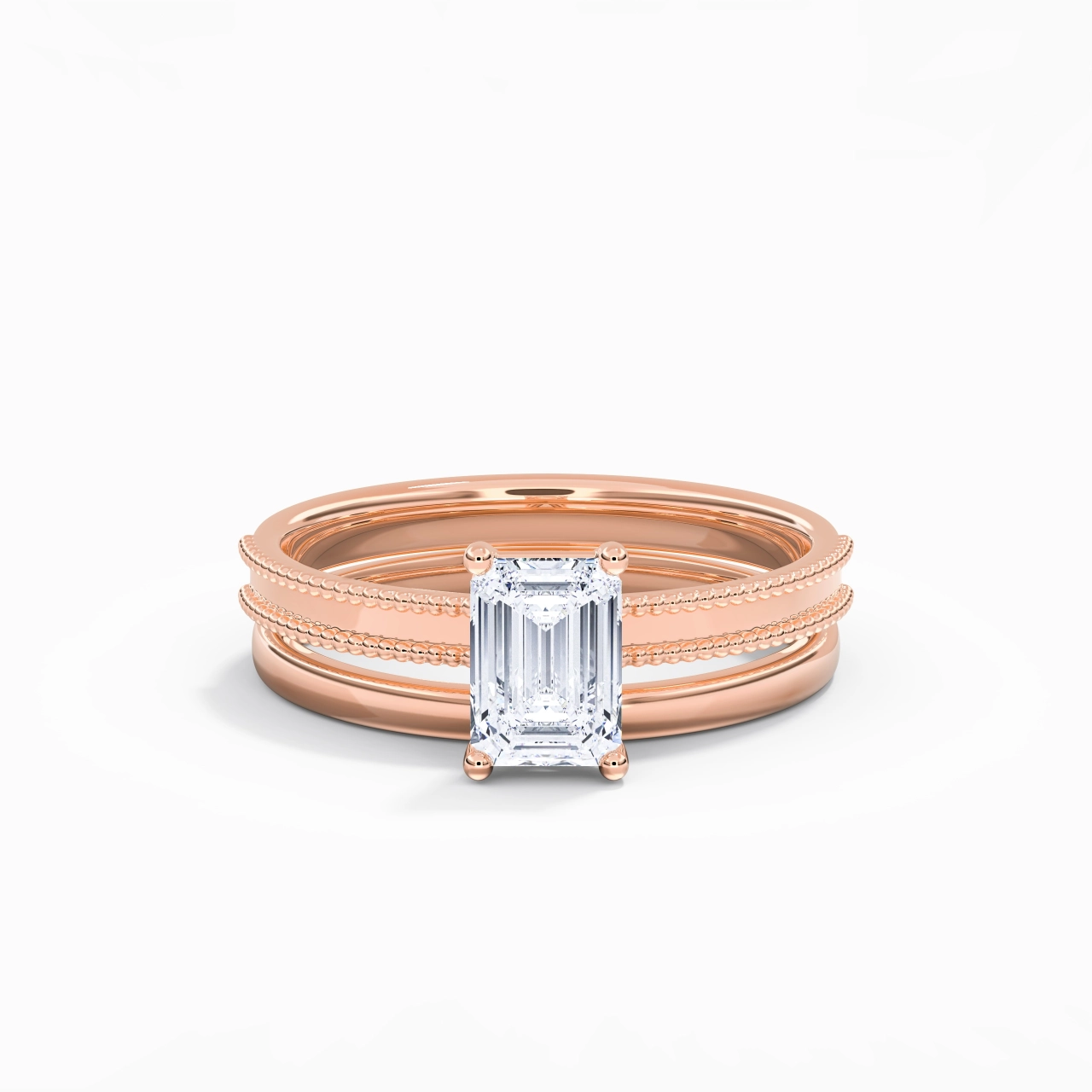 Plated Wide Beaded Wedding Ring Set