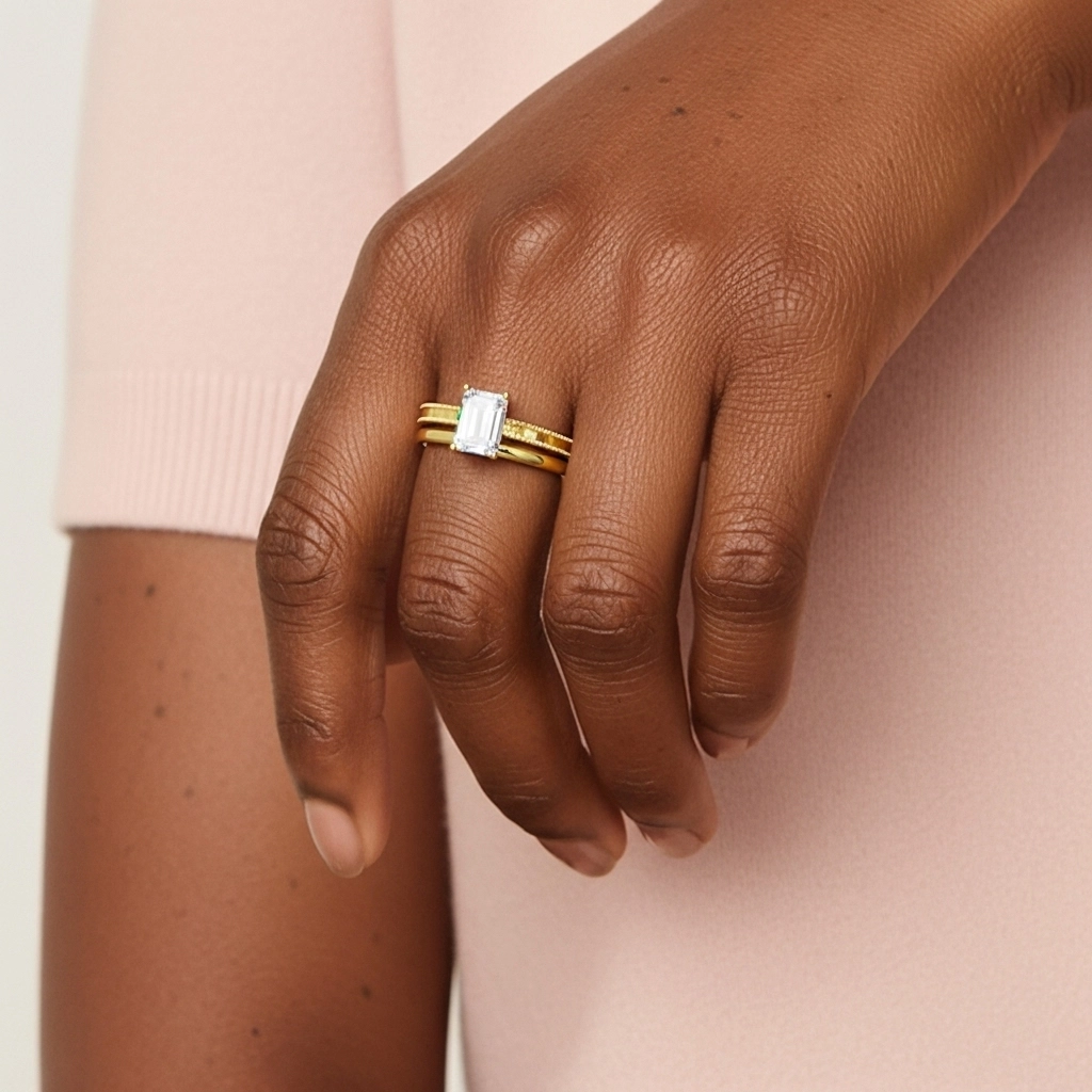 Plated Wide Beaded Wedding Ring Set