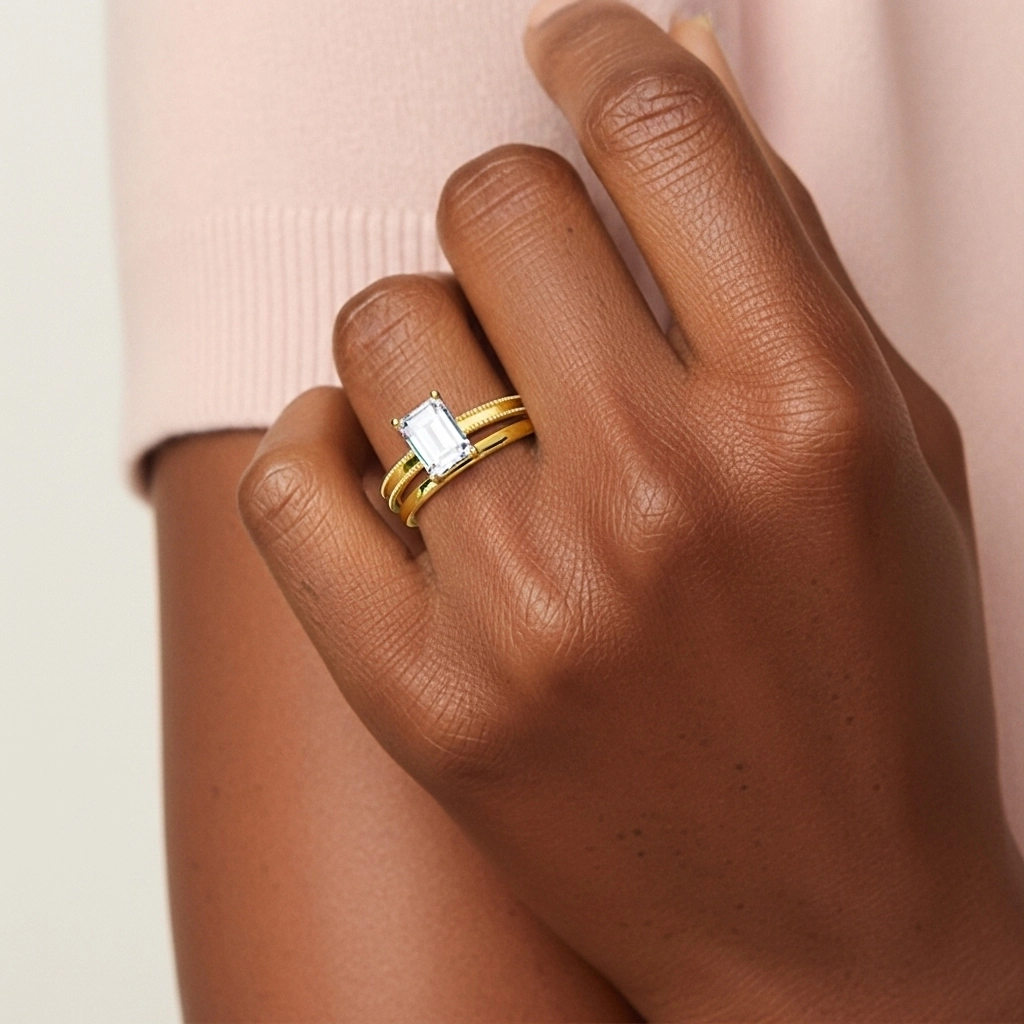 Plated Wide Beaded Wedding Ring Set