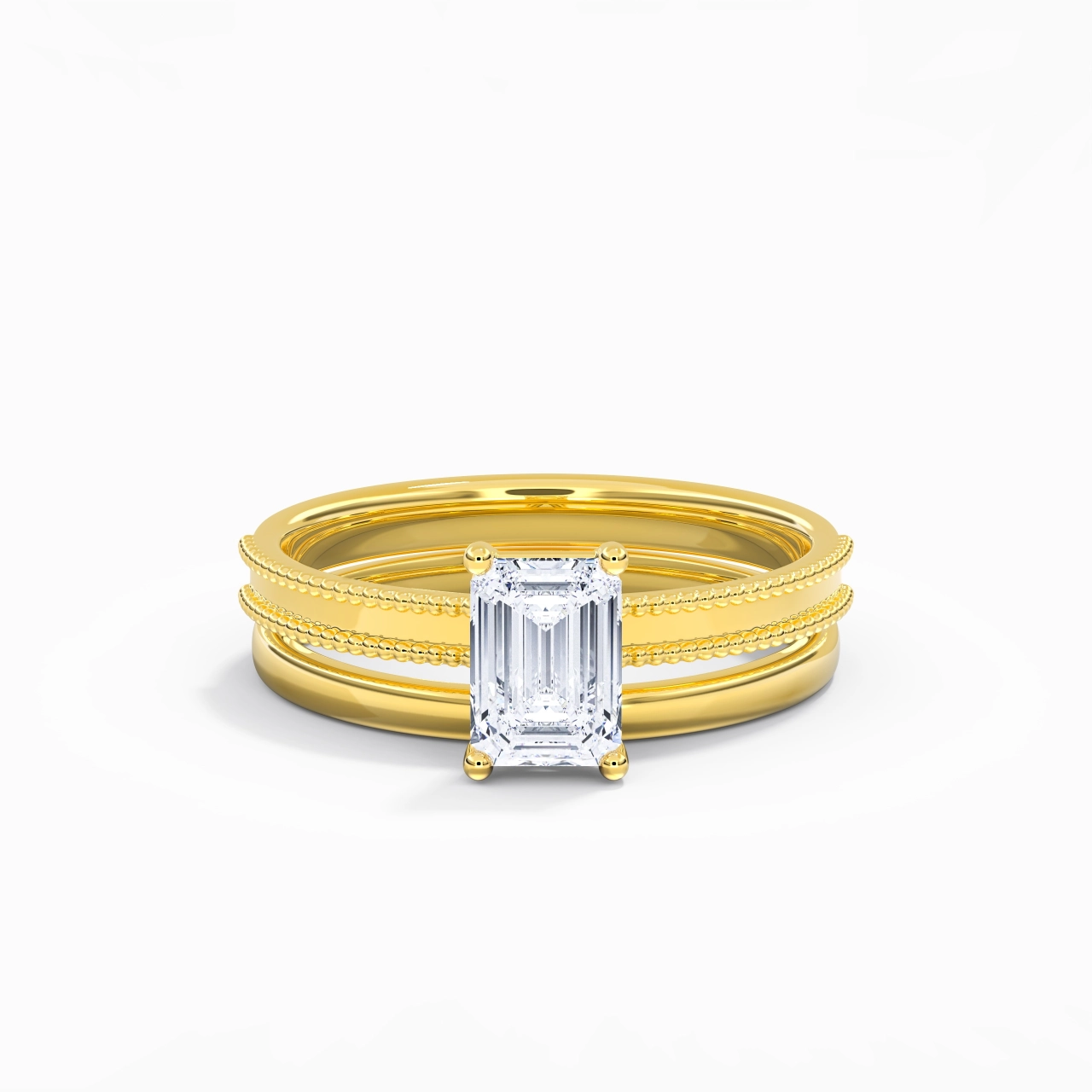 Plated Wide Beaded Wedding Ring Set