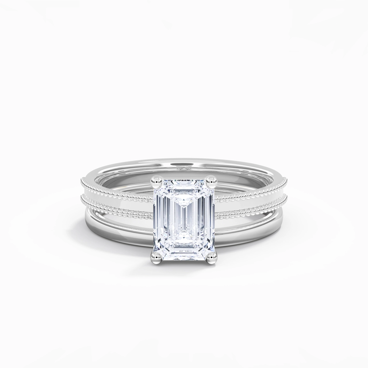 Plated Wide Beaded Wedding Ring Set