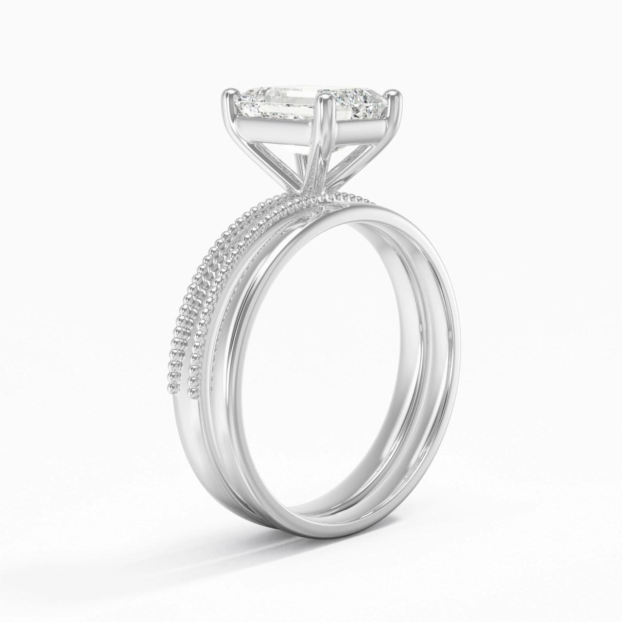Plated Wide Beaded Wedding Ring Set