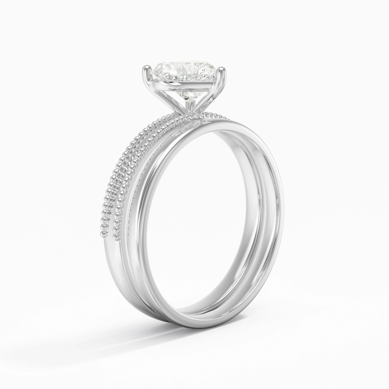 Plated Wide Beaded Wedding Ring Set
