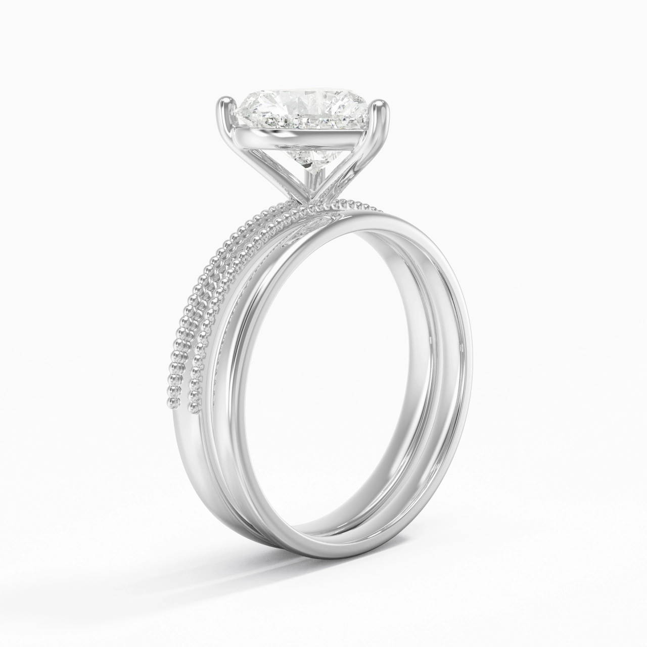Plated Wide Beaded Wedding Ring Set
