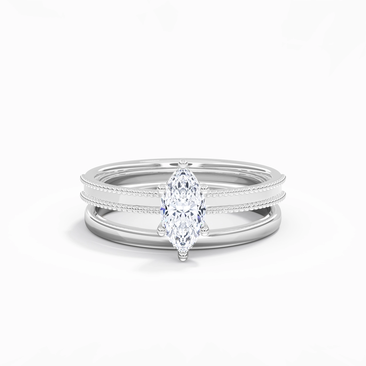 Plated Wide Beaded Wedding Ring Set