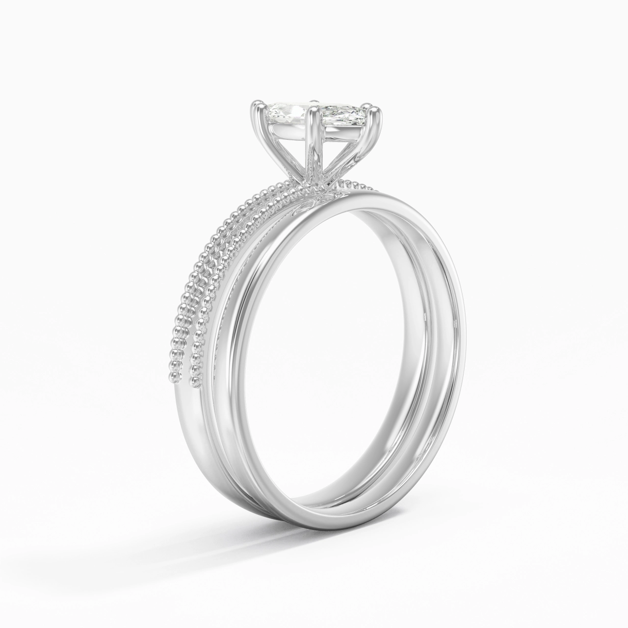 Plated Wide Beaded Wedding Ring Set