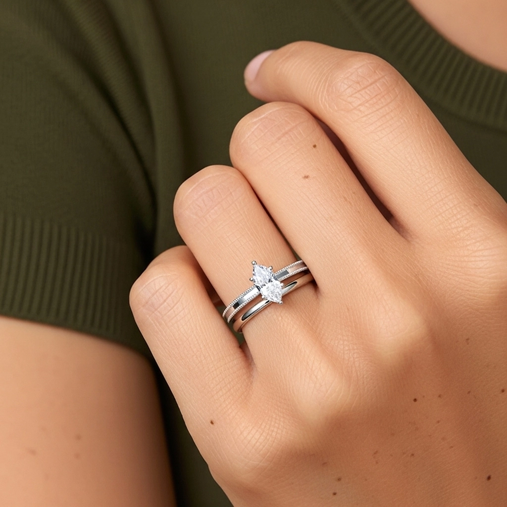 Plated Wide Beaded Wedding Ring Set