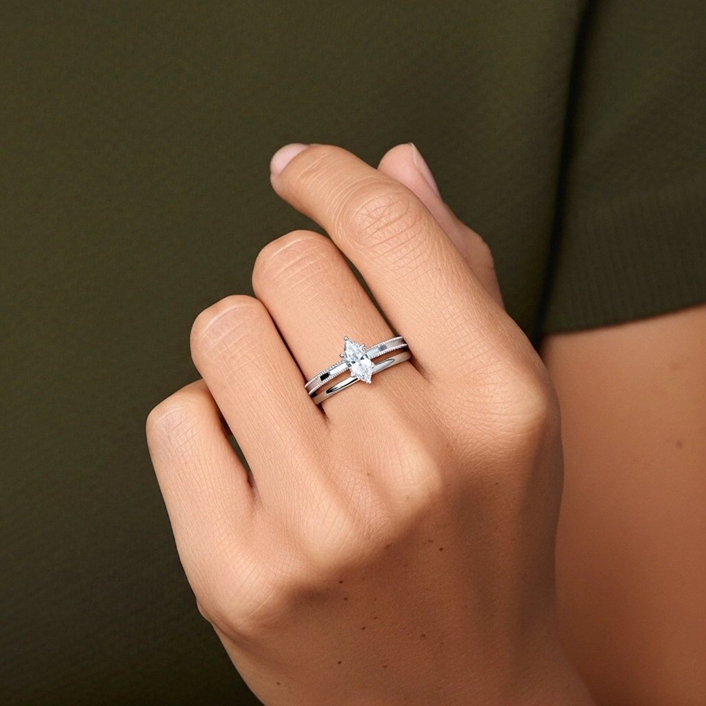 Plated Wide Beaded Wedding Ring Set