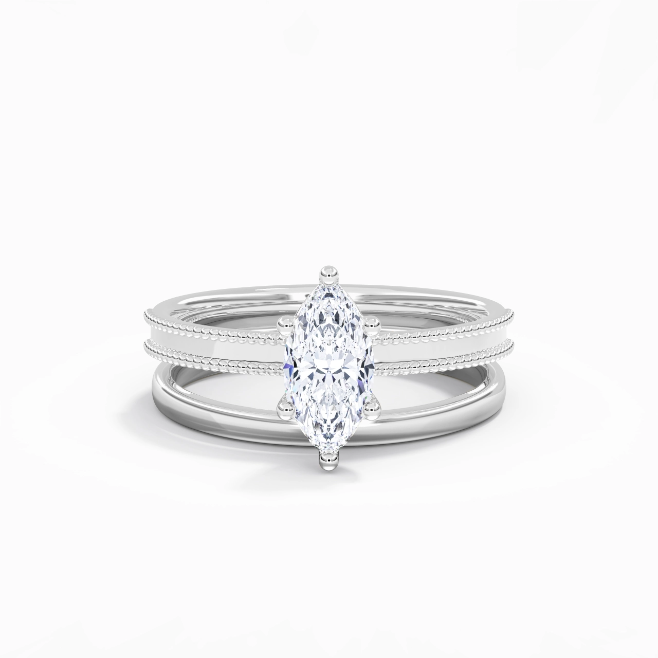 Plated Wide Beaded Wedding Ring Set