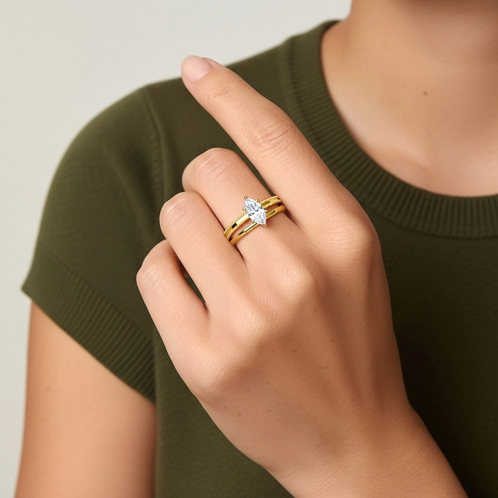 Plated Wide Beaded Wedding Ring Set