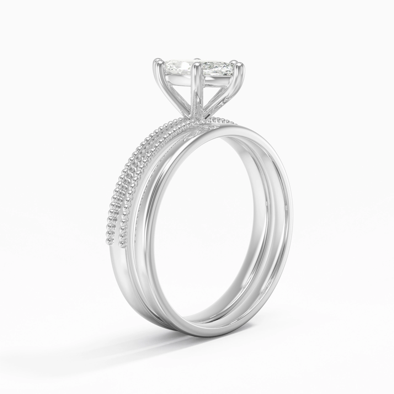 Plated Wide Beaded Wedding Ring Set