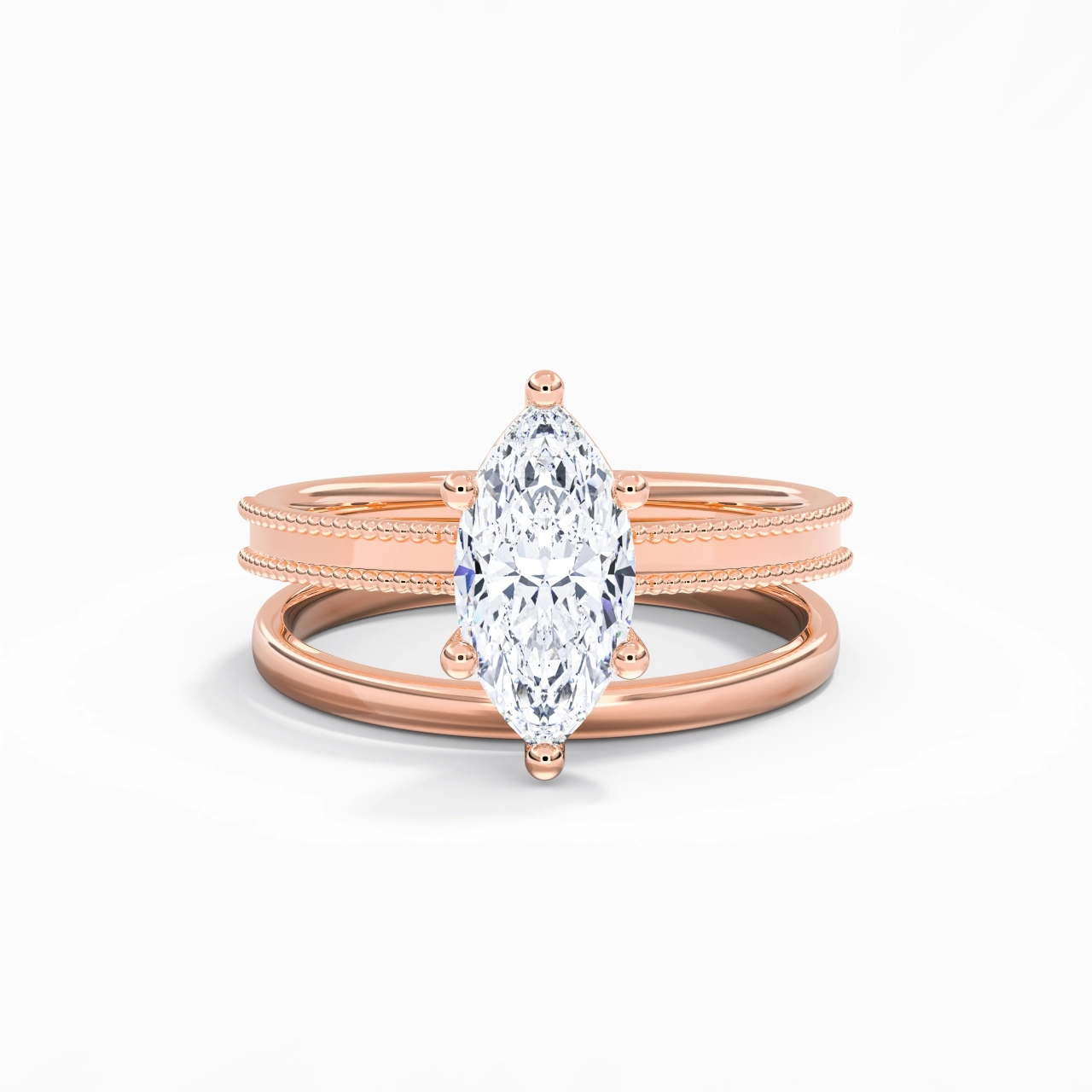 Plated Wide Beaded Wedding Ring Set