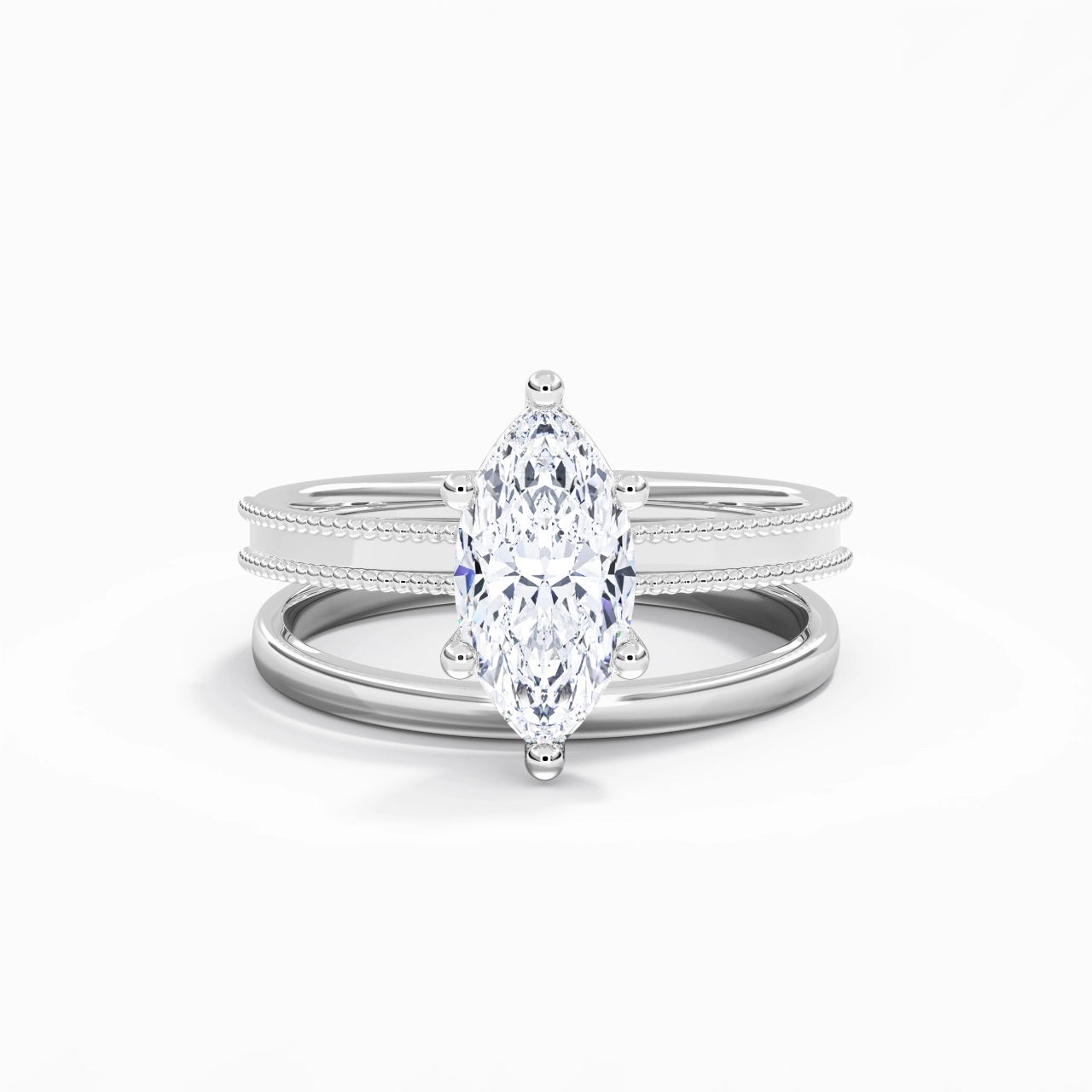 Plated Wide Beaded Wedding Ring Set