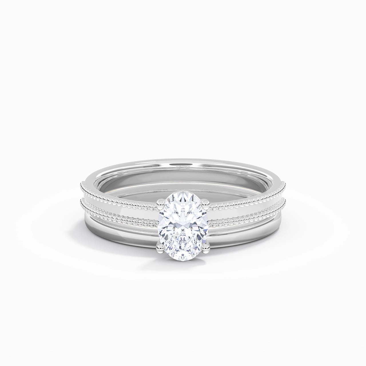 Plated Wide Beaded Wedding Ring Set