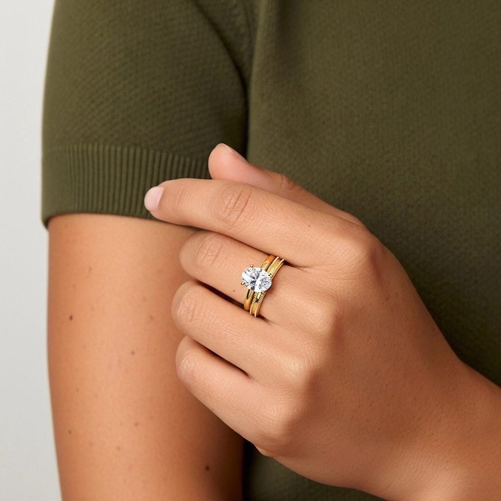 Plated Wide Beaded Wedding Ring Set