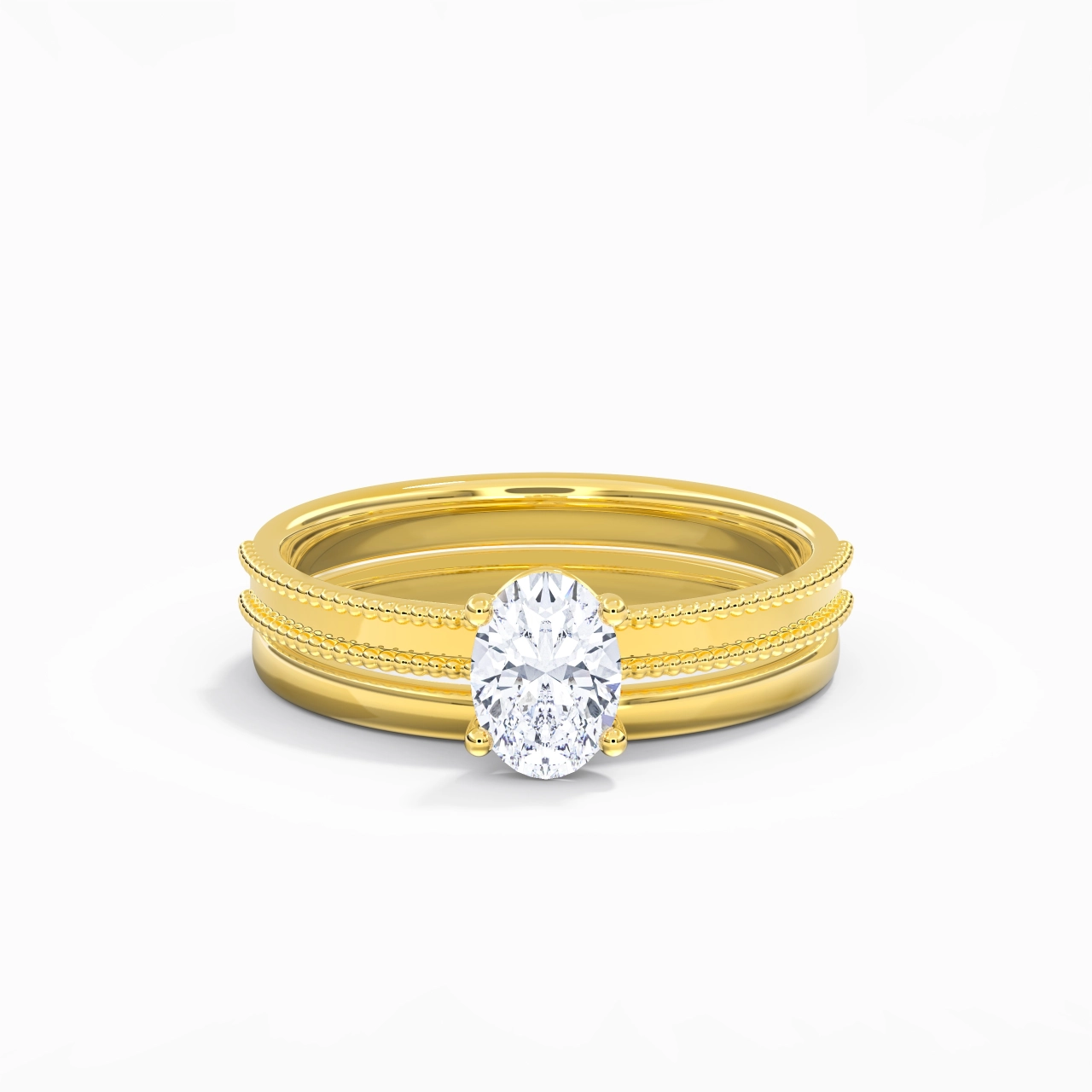 Plated Wide Beaded Wedding Ring Set