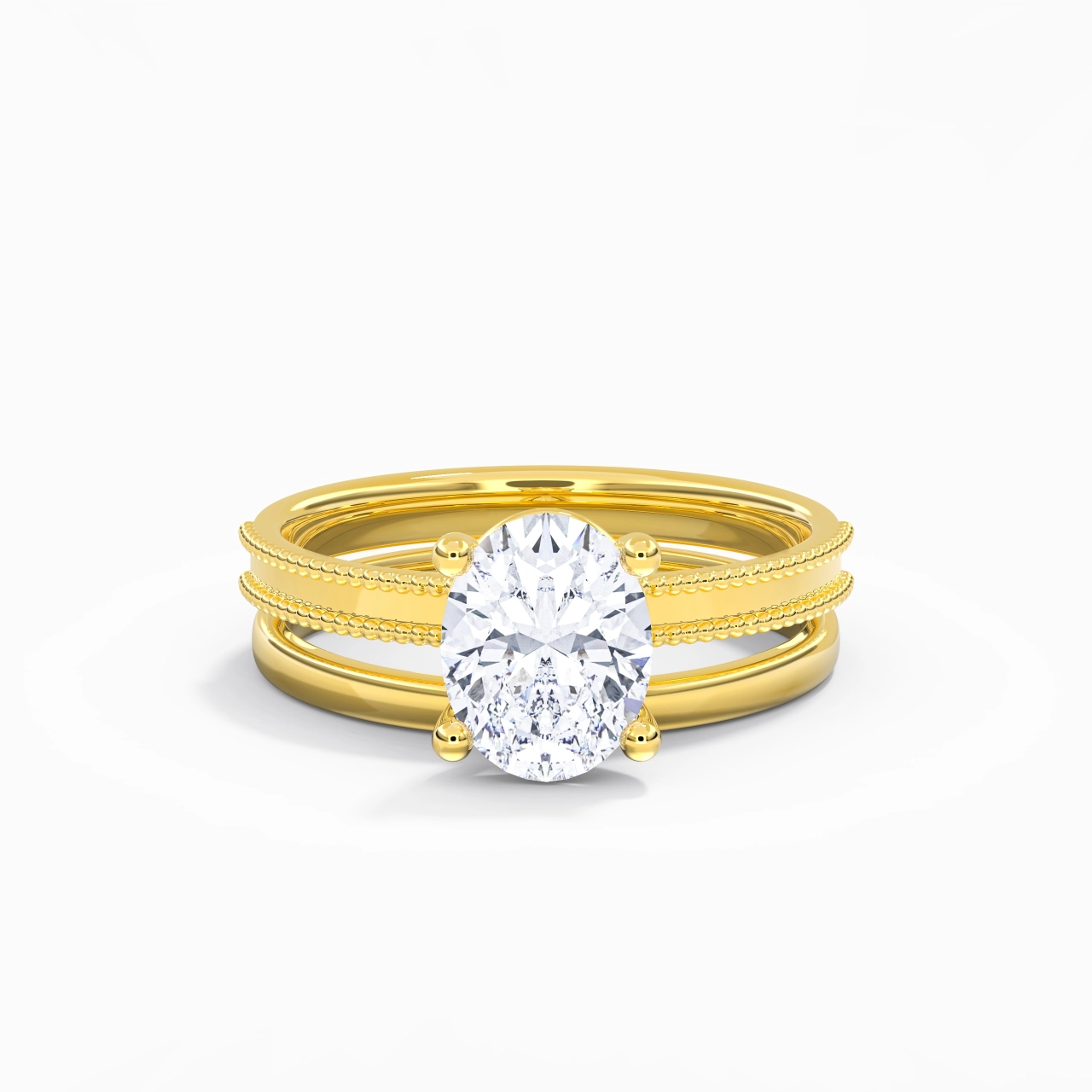 Plated Wide Beaded Wedding Ring Set