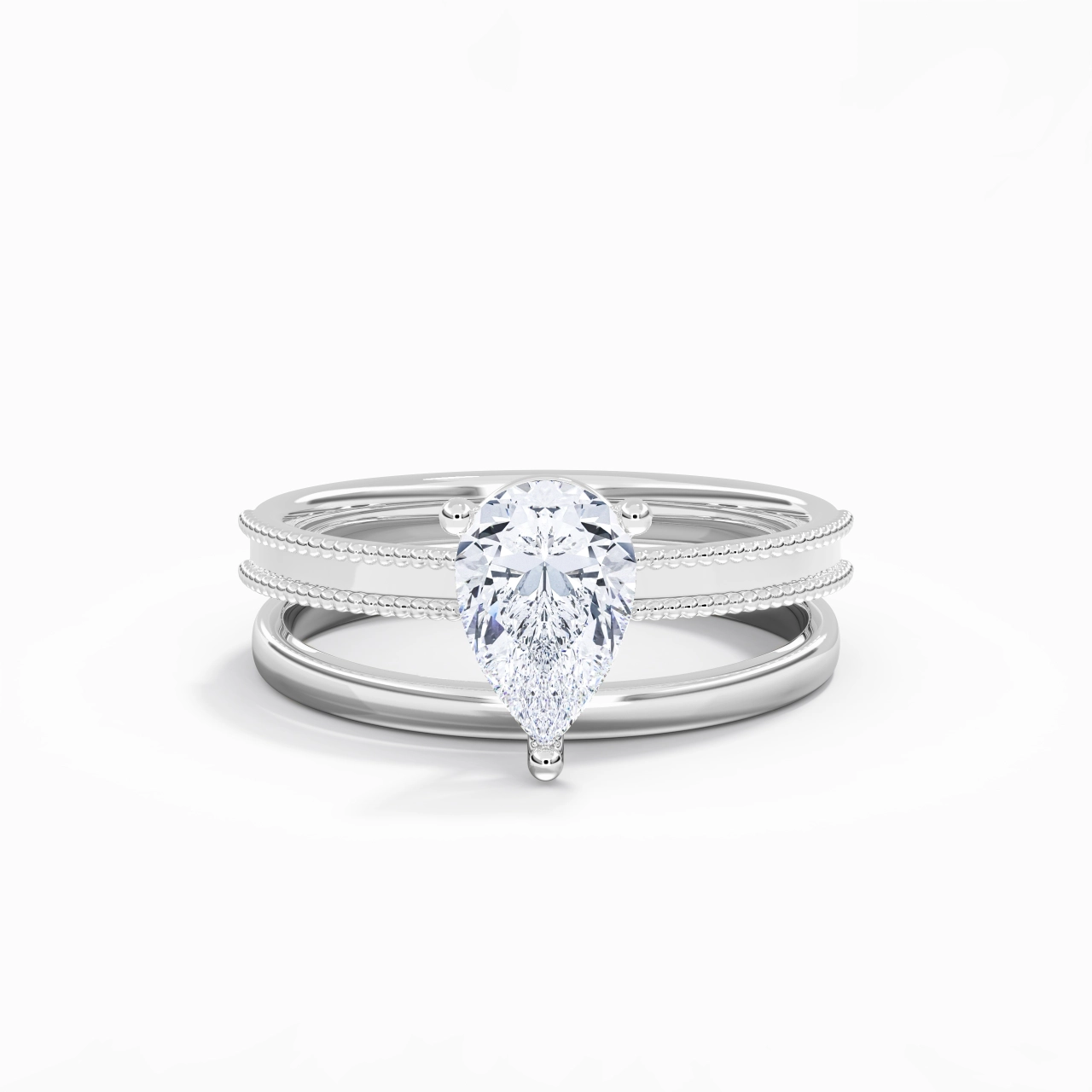 Plated Wide Beaded Wedding Ring Set