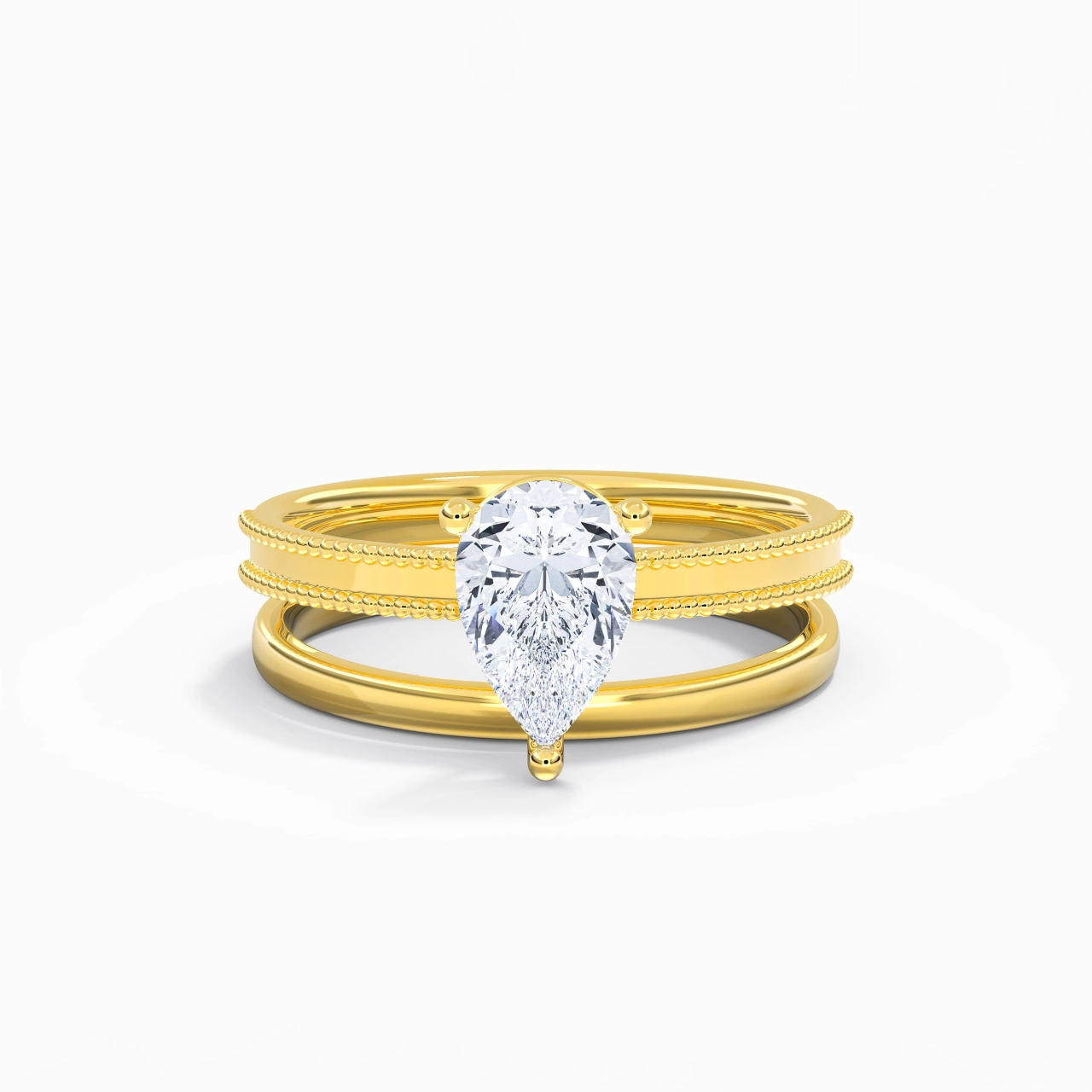 Plated Wide Beaded Wedding Ring Set
