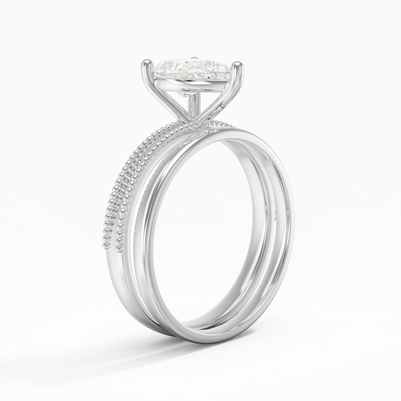 Plated Wide Beaded Wedding Ring Set